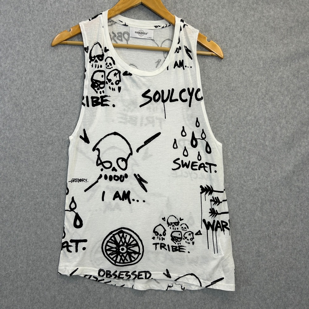 SoulCycle Tank Top White Graffiti Skull Print Muscle Tee Spin Workout Women XS